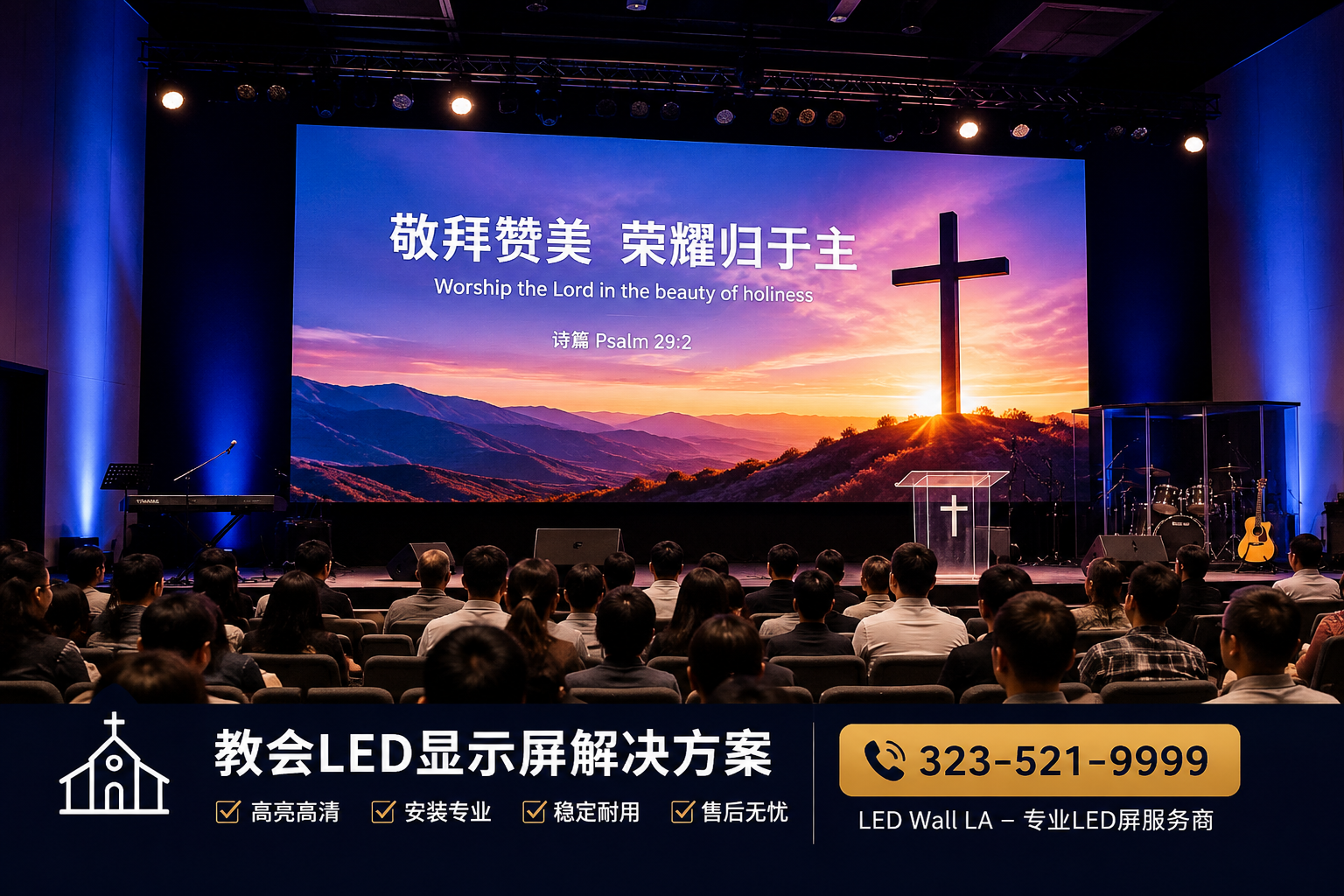 Realistic church stage with a giant LED display screen, modern worship auditorium in Los Angeles, people attending church service, blue stage lighting, professional LED installation, premium commercial photography style, add a bottom banner with text "Church LED Display Solutions" and phone number "323-521-9999", ultra realistic, 4K.