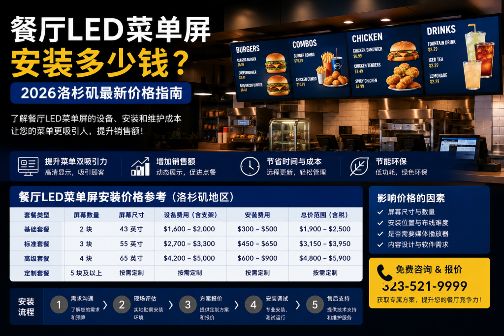 餐厅LED菜单屏安装多少钱 2026洛杉矶最新价格指南